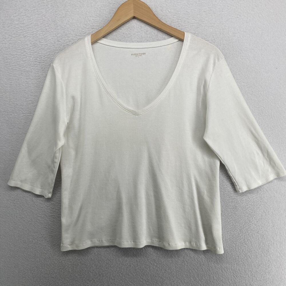 EILEEN FISHER Top L Organic Cotton Ribbed Jersey V Neck Elbow Sleeve White